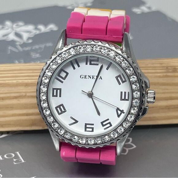 Geneva 5373 Multi Color Silicone Band Rhinestone Face Stainless Steel Watch - Picture 1 of 11